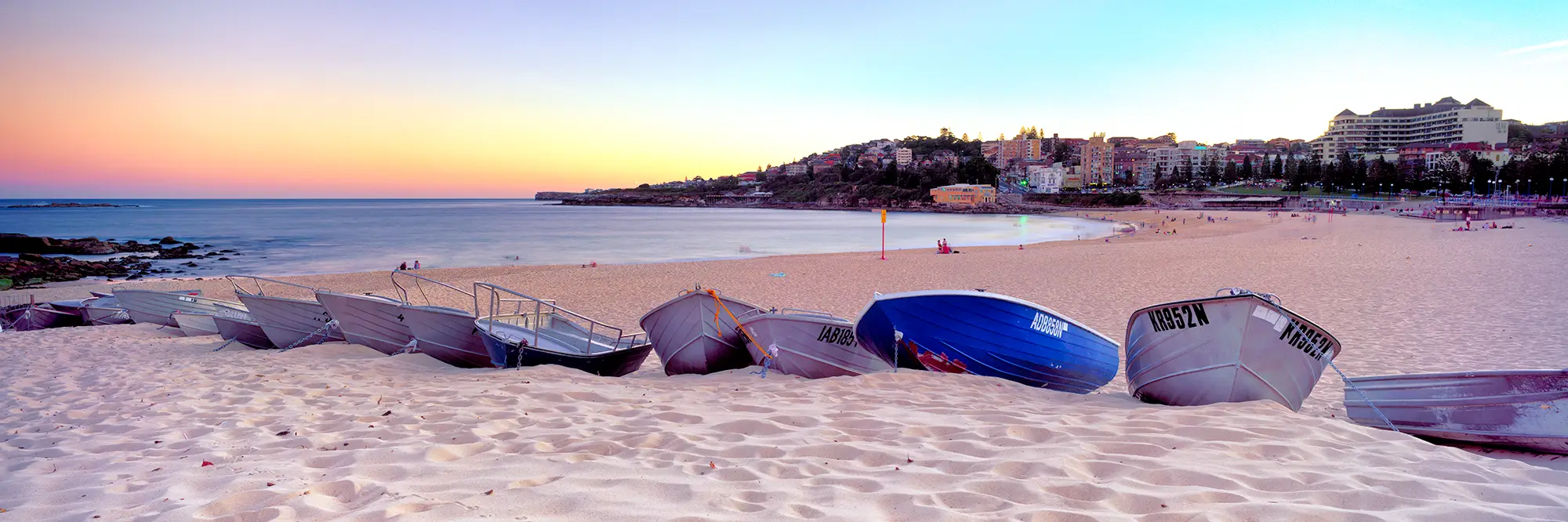 Coogee Beach Boats Wide Angle Panoramic Landscape Stretched Canvas Prints