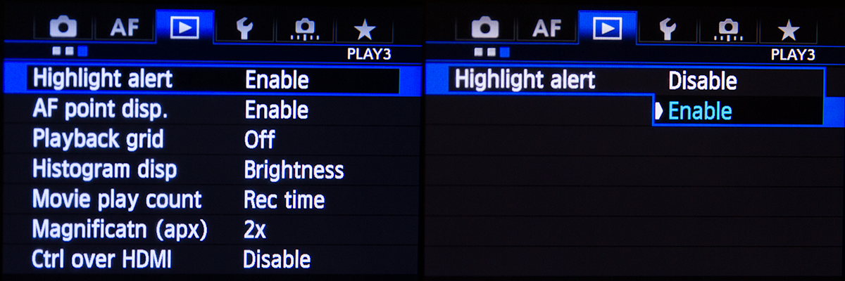 Canon 5D Mk III Menu Highlight Warning