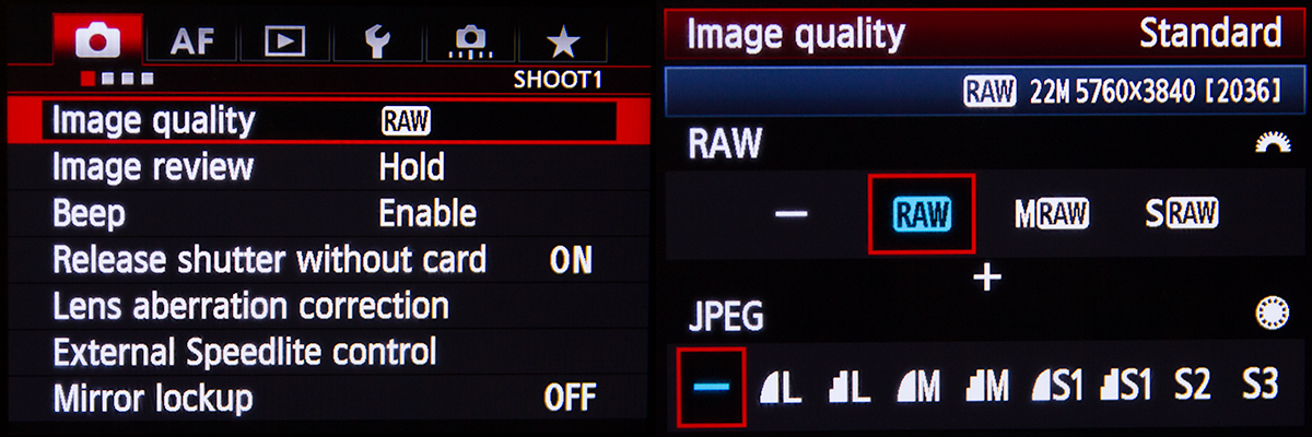 Canon 5D Mk III Raw Menu Setting